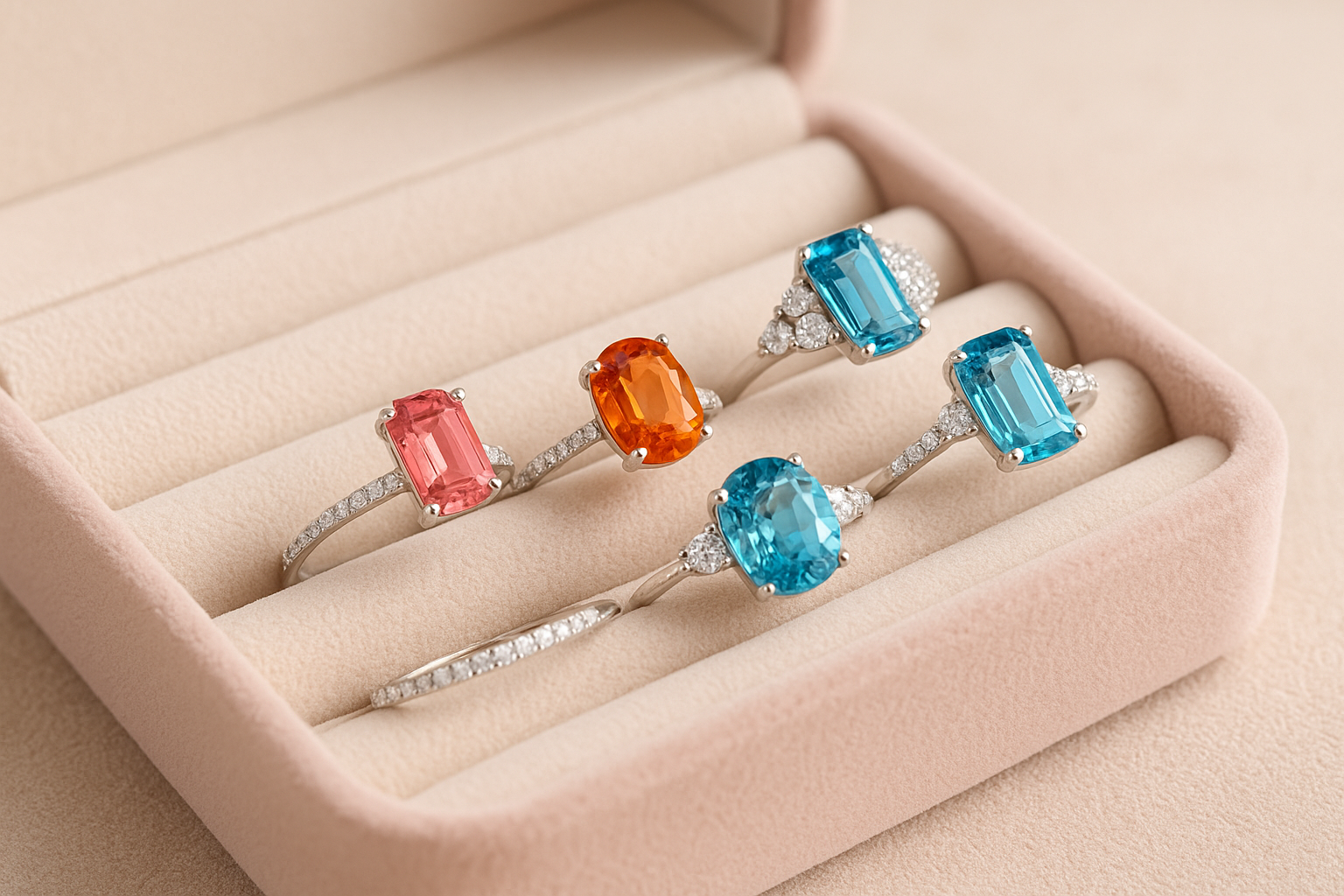 Platinum rings with diamonds and various centre stones like garnet, zircon, spinel