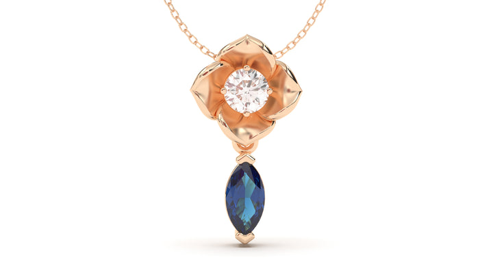 Pendant Flower Theme with Single Round White Diamond and Marquise Blue Sapphire | Bloom Flora XIV