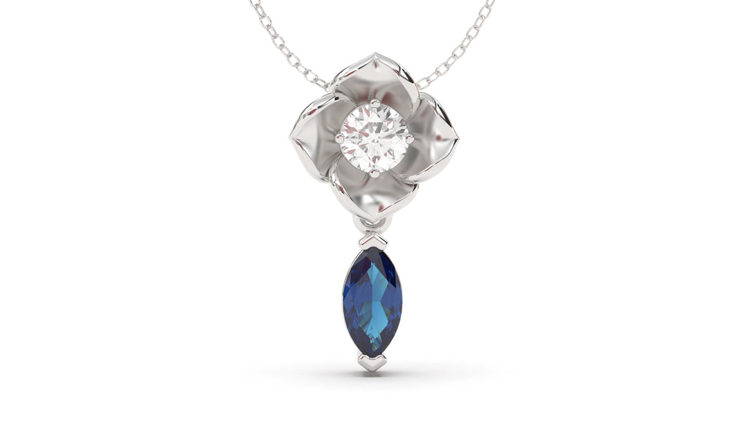 Pendant Flower Theme with Single Round White Diamond and Marquise Blue Sapphire | Bloom Flora XIV