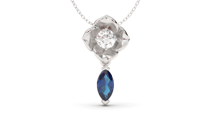 Pendant Flower Theme with Single Round White Diamond and Marquise Blue Sapphire | Bloom Flora XIV