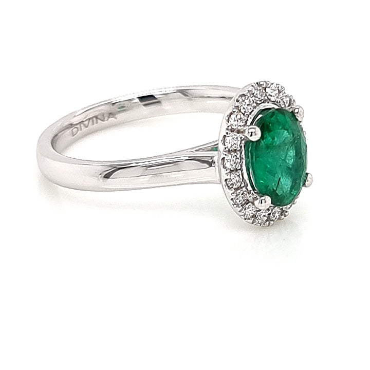 Emerald Halo Ring with White Diamonds made in 9K White Gold