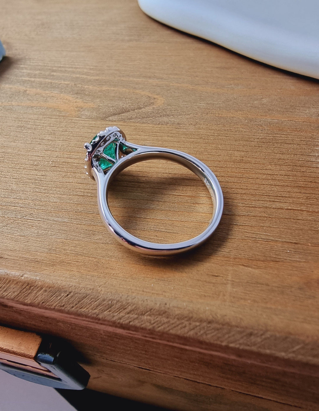 Emerald Halo Ring with White Diamonds made in 9K White Gold