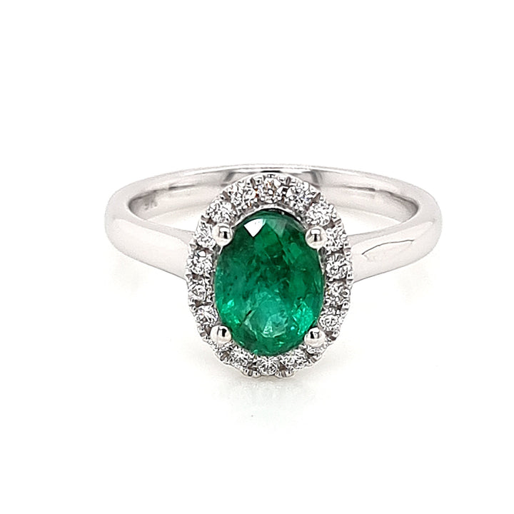 Emerald Halo Ring with White Diamonds made in 9K White Gold