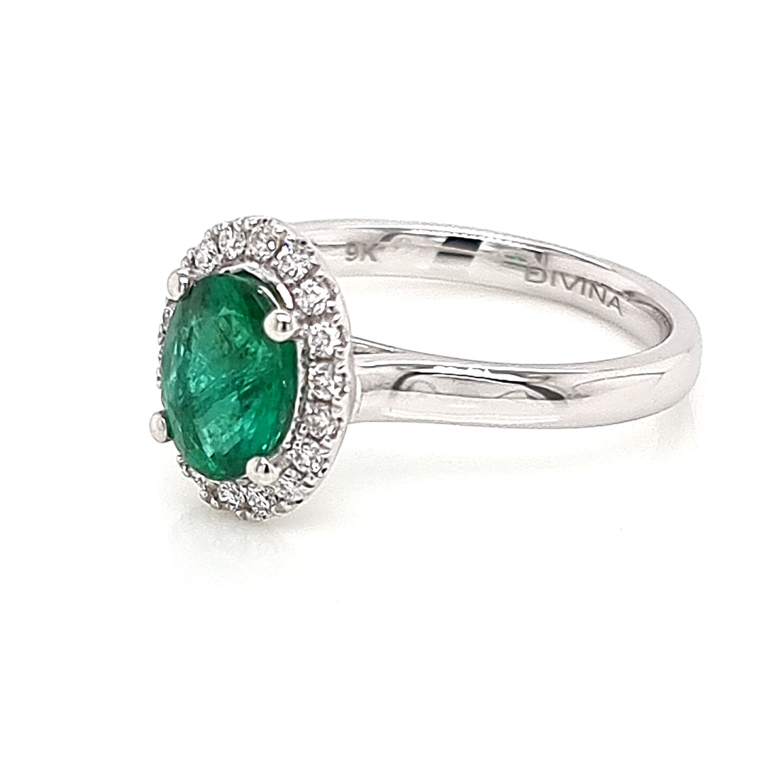 Emerald Halo Ring with White Diamonds made in 9K White Gold