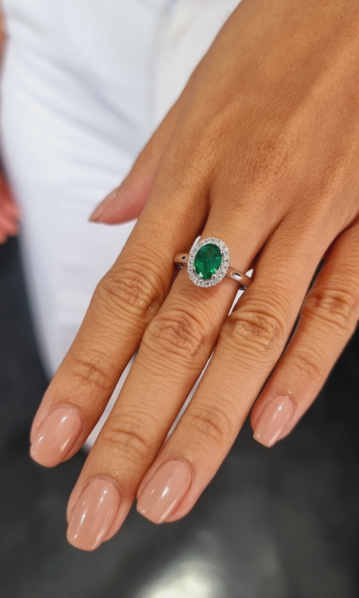 Emerald Halo Ring with White Diamonds made in 9K White Gold