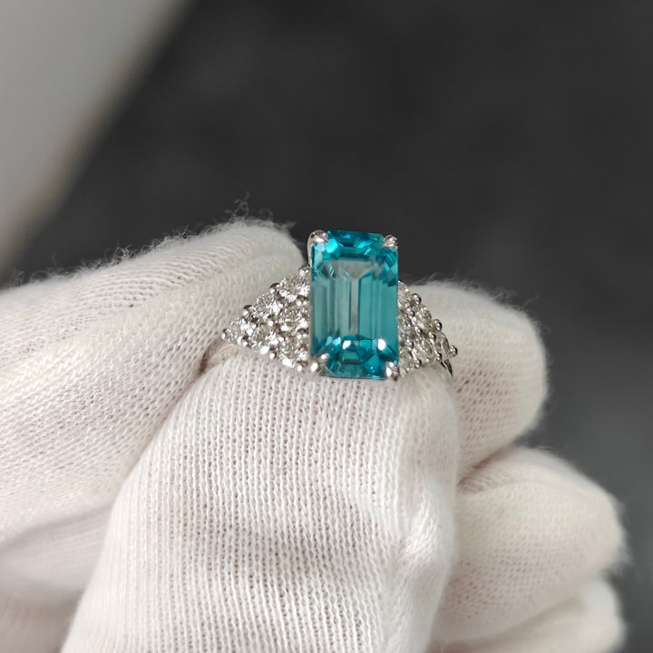 Blue Zircon and Diamond Ring in Platinum 950