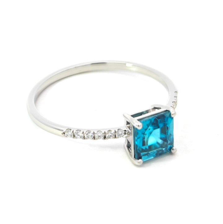 Platinum 950 Ring with Square Octagon Blue Zircon & Diamonds