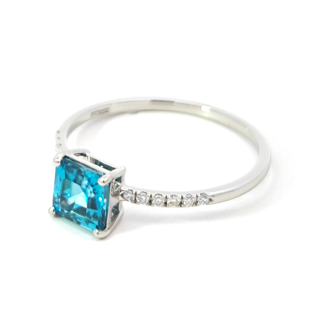Platinum 950 Ring with Square Octagon Blue Zircon & Diamonds