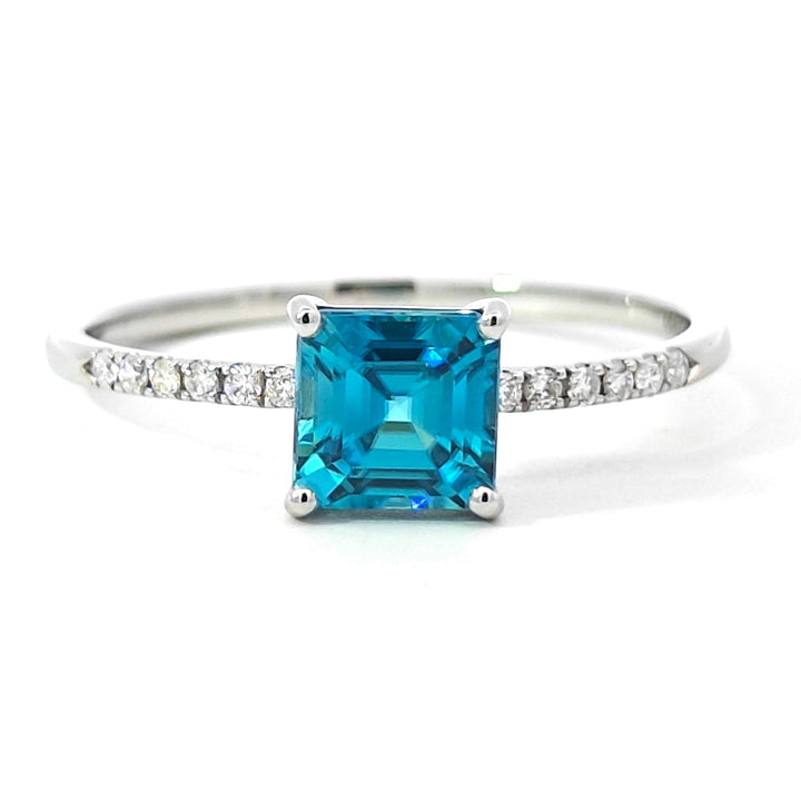 Platinum 950 Ring with Square Octagon Blue Zircon & Diamonds