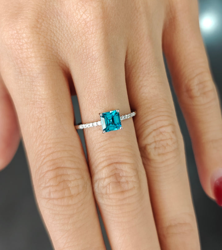 Platinum 950 Ring with Square Octagon Blue Zircon & Diamonds