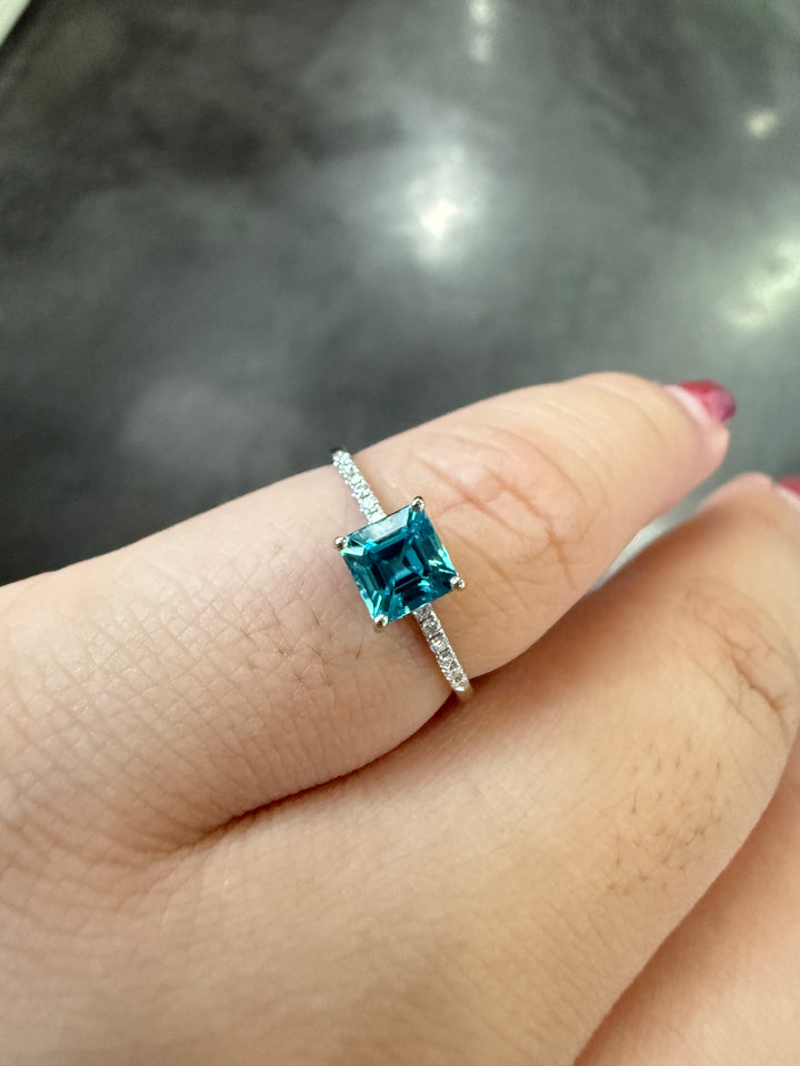 Platinum 950 Ring with Square Octagon Blue Zircon & Diamonds