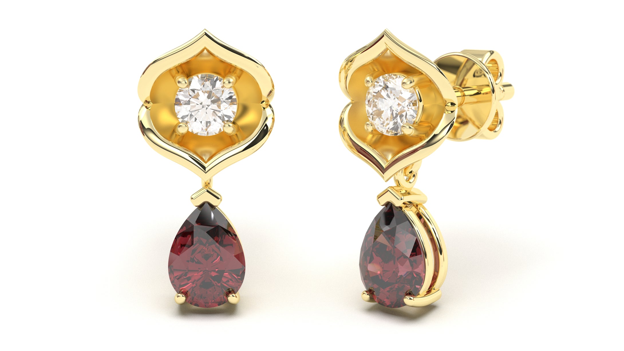 Earrings with Pearshape Garnets and Round White Diamonds | Bloom Flora I