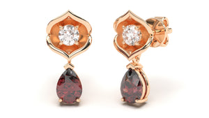 Earrings with Pearshape Garnets and Round White Diamonds | Bloom Flora I