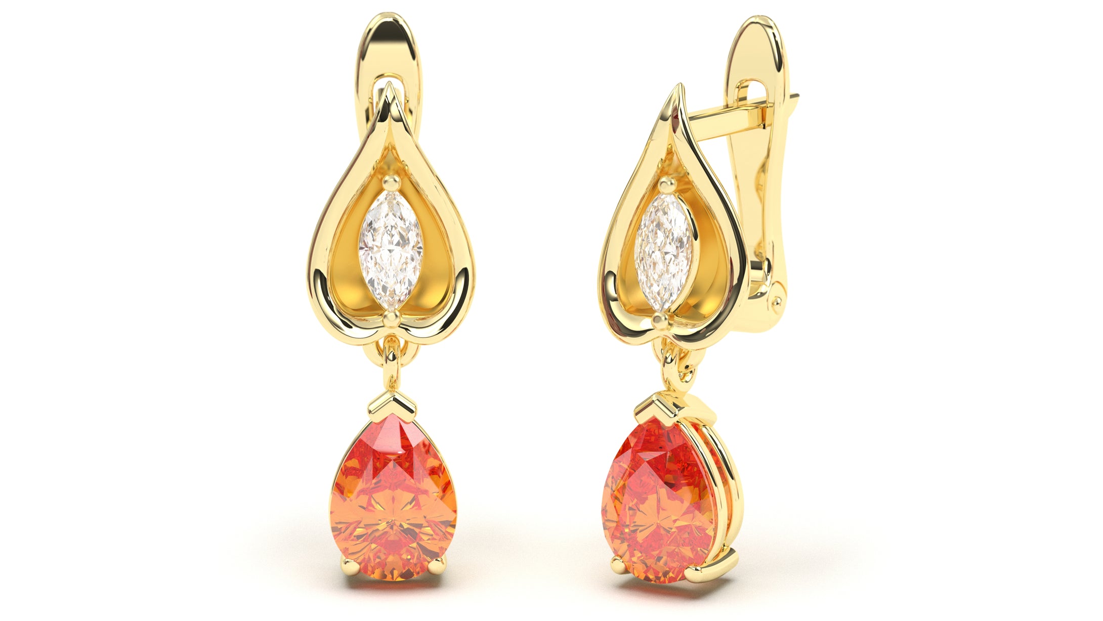 Earrings with Pearshape Orange Sapphire and White Marquise Diamonds | Bloom Flora III