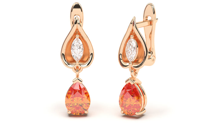 Earrings with Pearshape Orange Sapphire and White Marquise Diamonds | Bloom Flora III