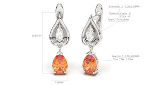 Earrings with Pearshape Orange Sapphire and White Marquise Diamonds | Bloom Flora III