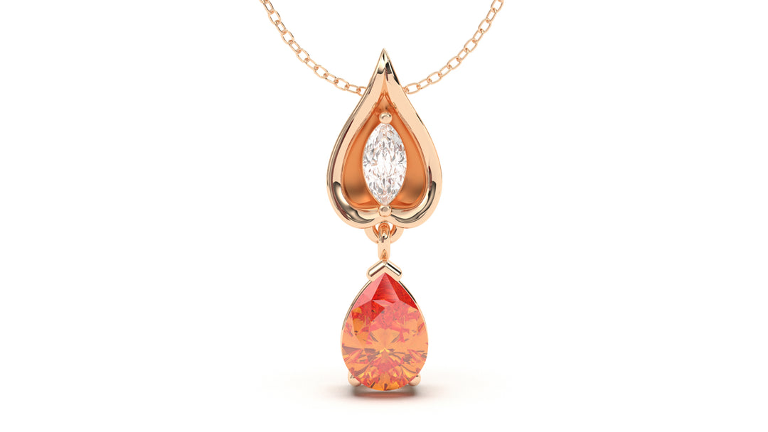 Pendant with Pearshape Orange Sapphire and a White Marquise Diamond | Bloom Flora III