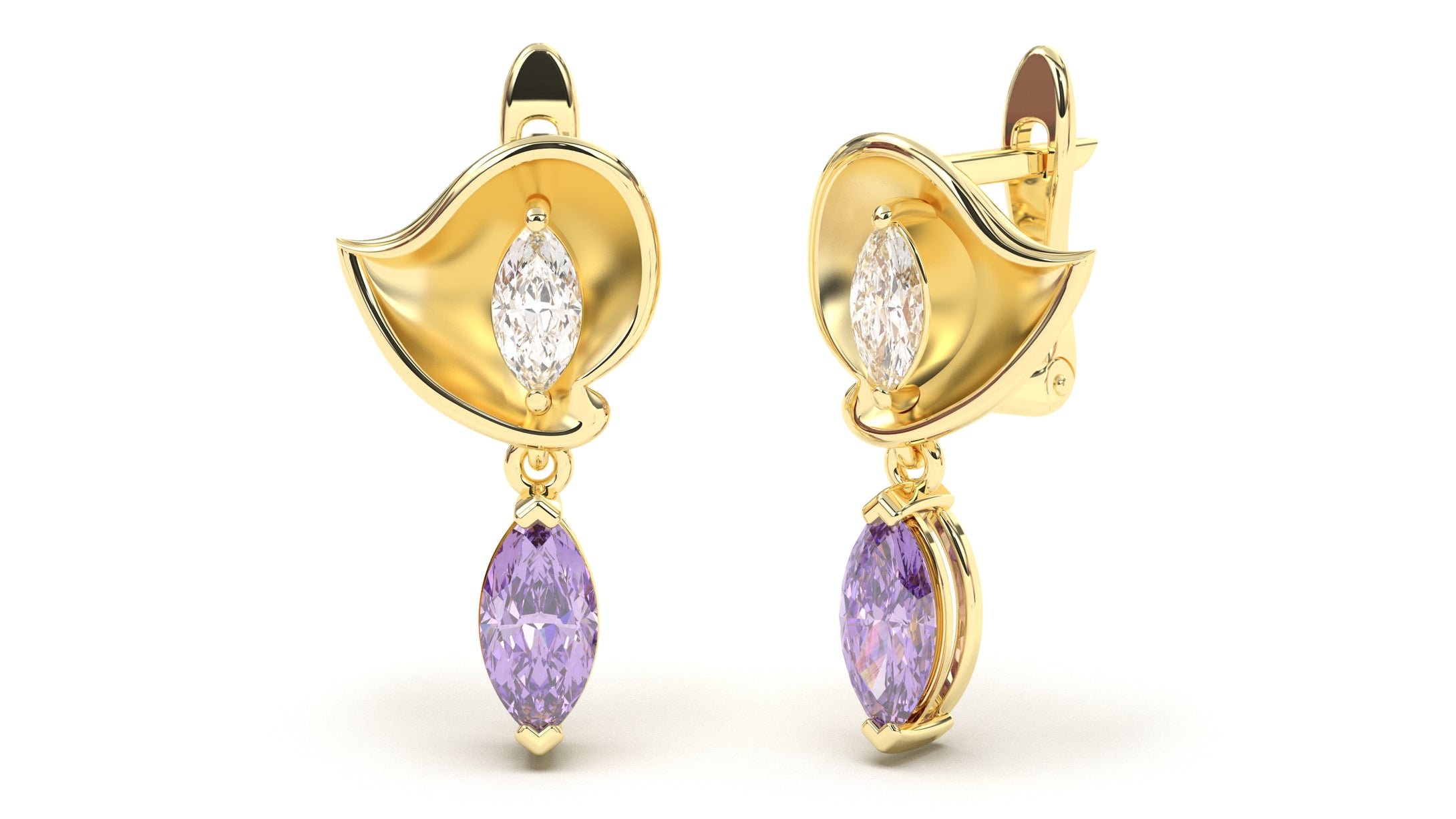 Earrings with Marquise Amethysts and Marquise White Diamonds | Bloom Flora IV