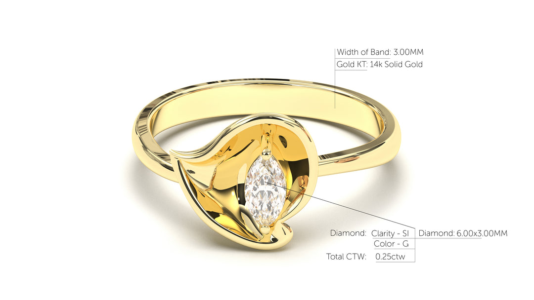 Flower Theme Ring with a Single Marquise White Diamond | Bloom Flora IV