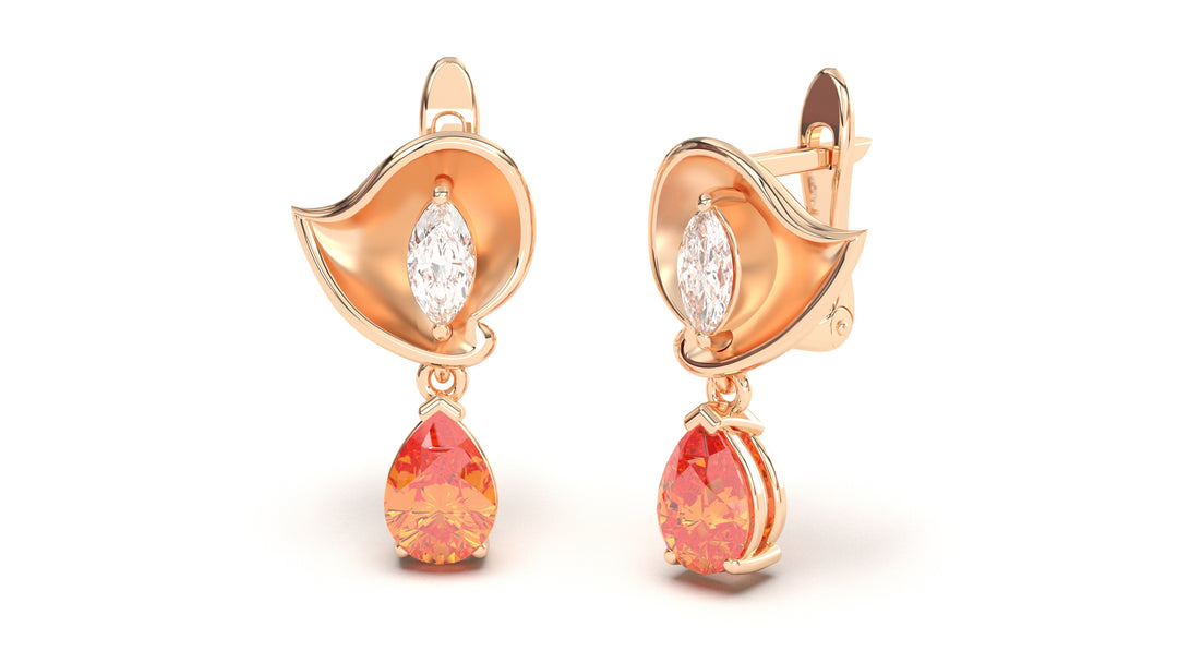 Earrings with Pearshape Orange Sapphire and White Marquise Diamonds | Bloom Flora V
