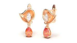 Earrings with Pearshape Orange Sapphire and White Marquise Diamonds | Bloom Flora V