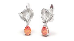 Earrings with Pearshape Orange Sapphire and White Marquise Diamonds | Bloom Flora V