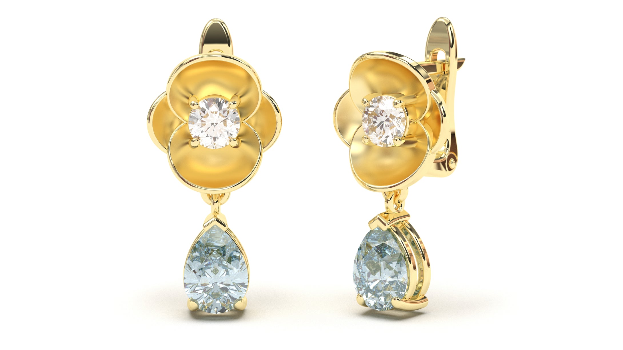 Earrings with Pearshape Aquamarines and Round White Diamonds | Bloom Flora VI