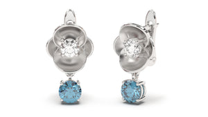 Earrings with Round Blue Topaz and Round White Diamonds | Bloom Flora VII
