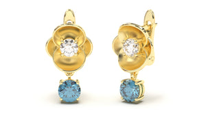 Earrings with Round Blue Topaz and Round White Diamonds | Bloom Flora VII