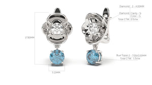 Earrings with Round Blue Topaz and Round White Diamonds | Bloom Flora VII