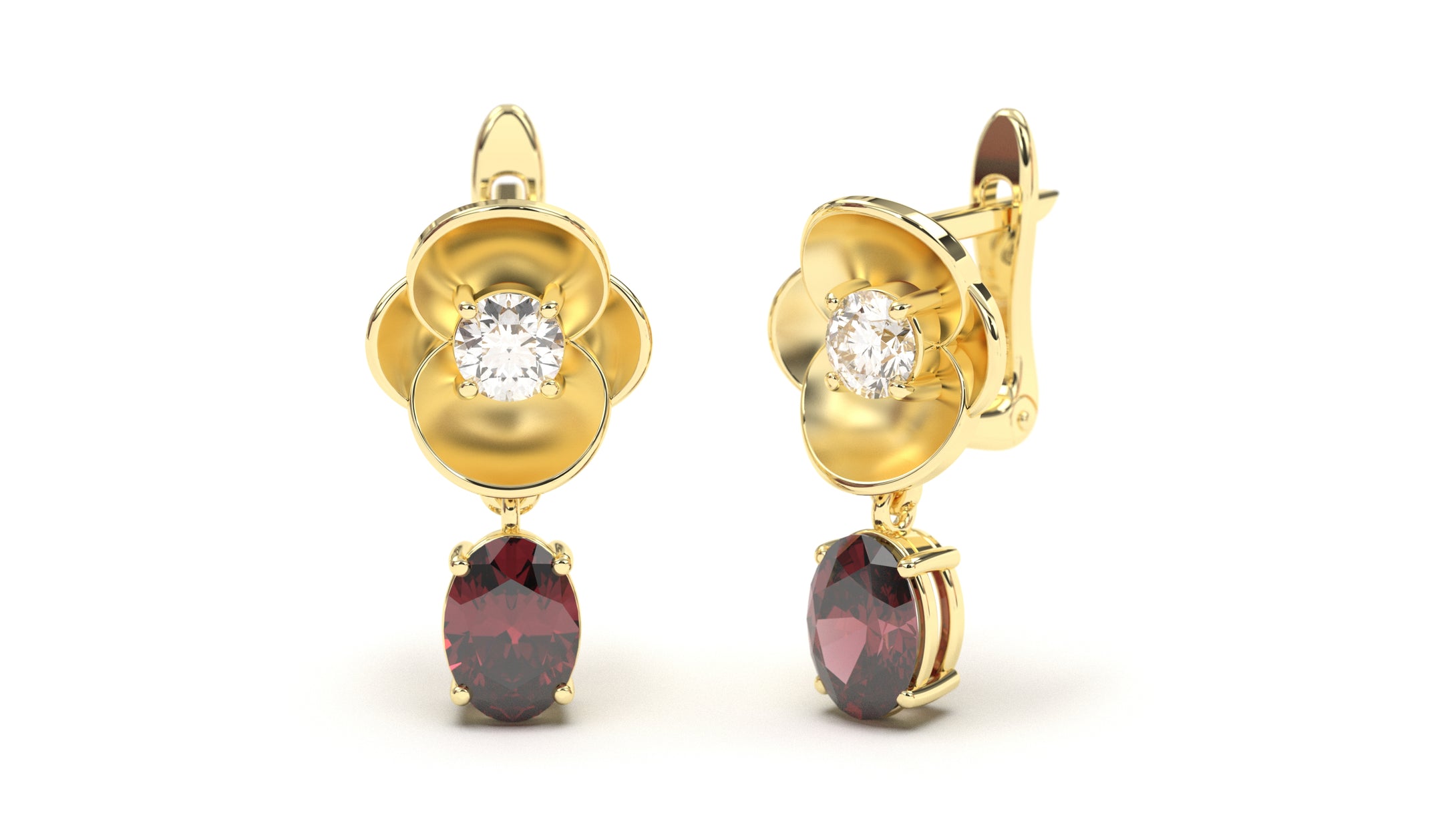 Earrings with Oval Garnets and Round White Diamonds | Bloom Flora VIII