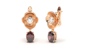 Earrings with Oval Garnets and Round White Diamonds | Bloom Flora VIII