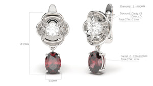 Earrings with Oval Garnets and Round White Diamonds | Bloom Flora VIII