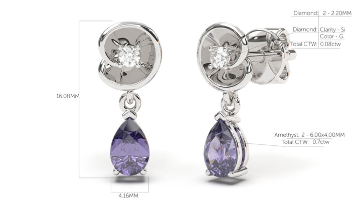 Earrings with Pearshape Amethysts and Round White Diamonds | Bloom Flora X