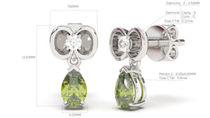 Earrings Flower Theme with Round White Diamond and Pearshape Peridot | Bloom Flora XII