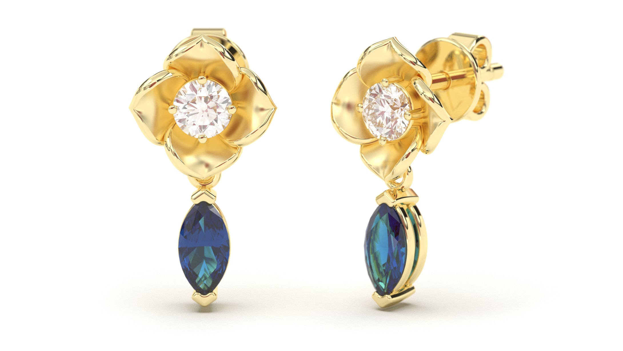 Earrings Flower Theme with Round White Diamonds and Marquise Blue Sapphires | Bloom Flora XIV