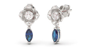 Earrings Flower Theme with Round White Diamonds and Marquise Blue Sapphires | Bloom Flora XIV