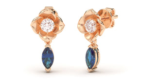 Earrings Flower Theme with Round White Diamonds and Marquise Blue Sapphires | Bloom Flora XIV