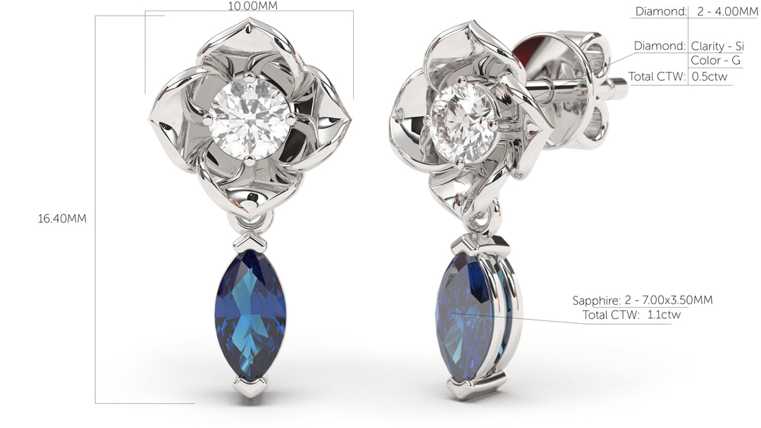 Earrings Flower Theme with Round White Diamonds and Marquise Blue Sapphires | Bloom Flora XIV