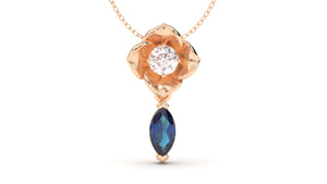Pendant Flower Theme with Single Round White Diamond and Marquise Blue Sapphire | Bloom Flora XIV