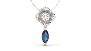 Pendant Flower Theme with Single Round White Diamond and Marquise Blue Sapphire | Bloom Flora XIV