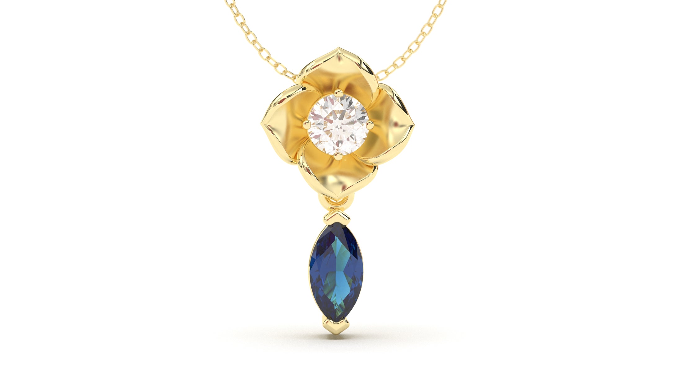 Pendant Flower Theme with Single Round White Diamond and Marquise Blue Sapphire | Bloom Flora XIV