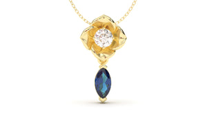 Pendant Flower Theme with Single Round White Diamond and Marquise Blue Sapphire | Bloom Flora XIV