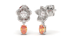 Load image into Gallery viewer, Earrings Flower Theme with Round White Diamonds and Oval Orange Sapphires | Bloom Flora XV
