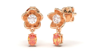 Earrings Flower Theme with Round White Diamonds and Oval Orange Sapphires | Bloom Flora XV