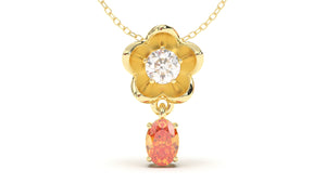 Pendant Flower Theme with Round White Diamond and Oval Orange Sapphire | Bloom Flora XV