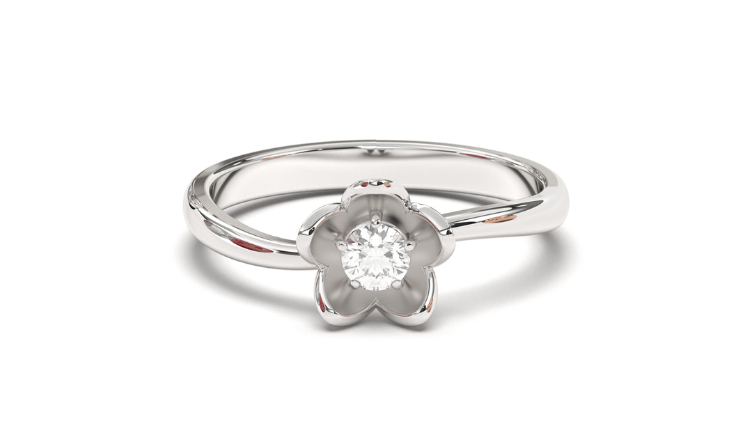 Flower Theme Ring with a Single Round White Diamond | Bloom Flora XV