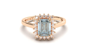 Vintage Style Ring with Round White Diamonds and Emerald Cut Aquamarine | Heritage Retro I