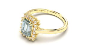 Vintage Style Ring with Round White Diamonds and Emerald Cut Aquamarine | Heritage Retro I