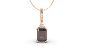 Vintage Style Pendant with Emerald Cut Garnet with Single White Trilliant and Round White Diamonds | Heritage Retro II